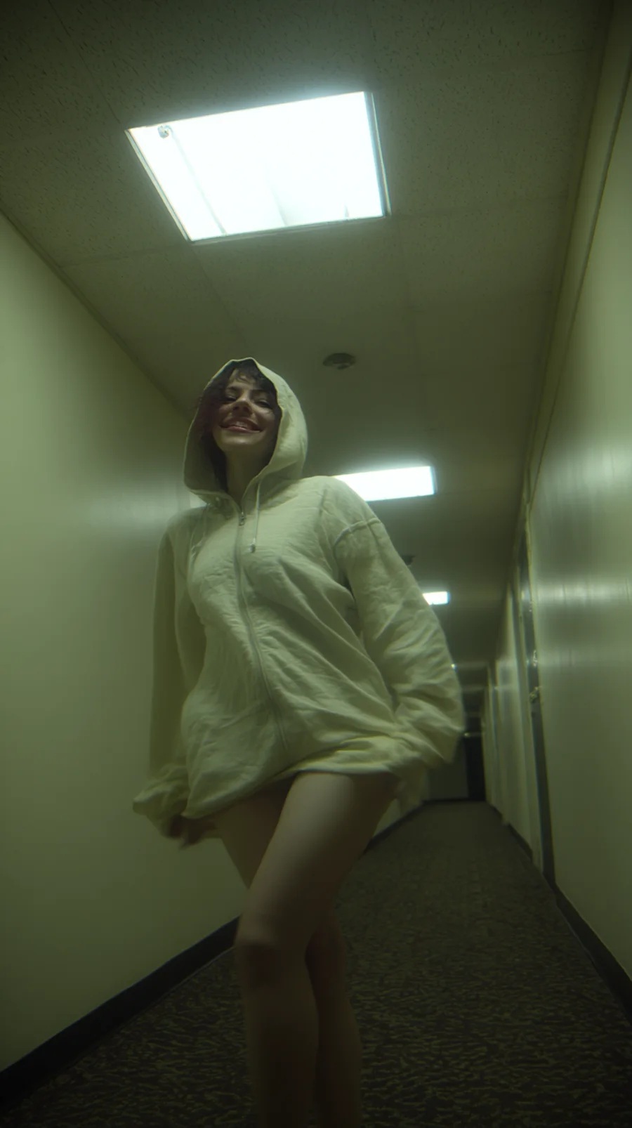 Hoodie Girl in a yellow Backrooms corridor