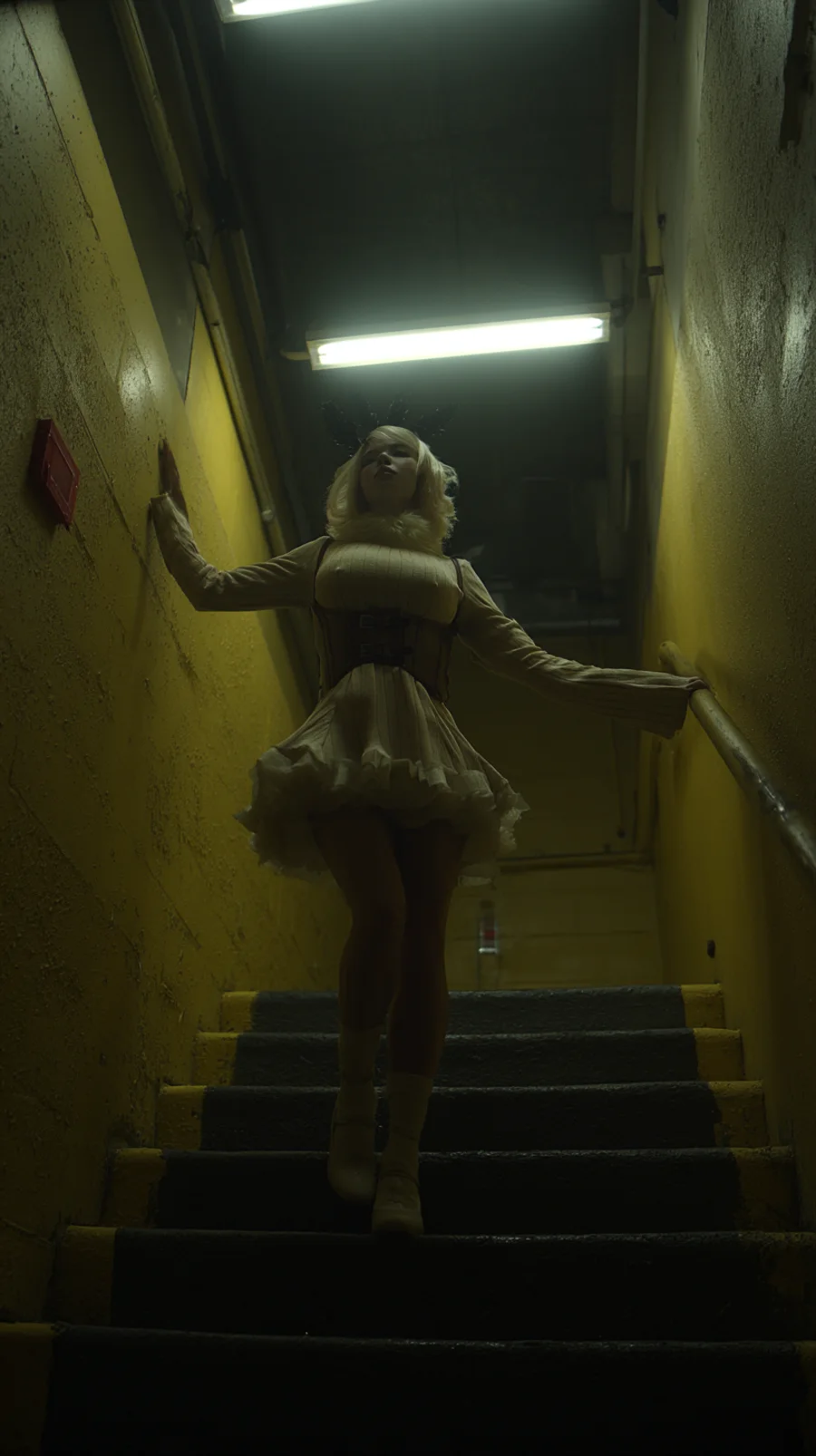 Moth Girl in a liminal stairwell